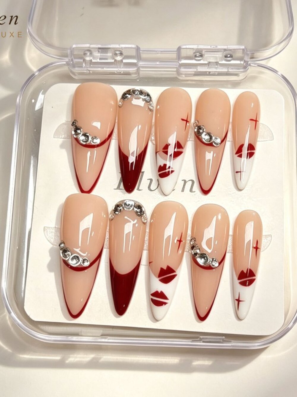 Sexy Romantic Long Stiletto Press On Nails | Deep Red French Tip Rhinestone Lip